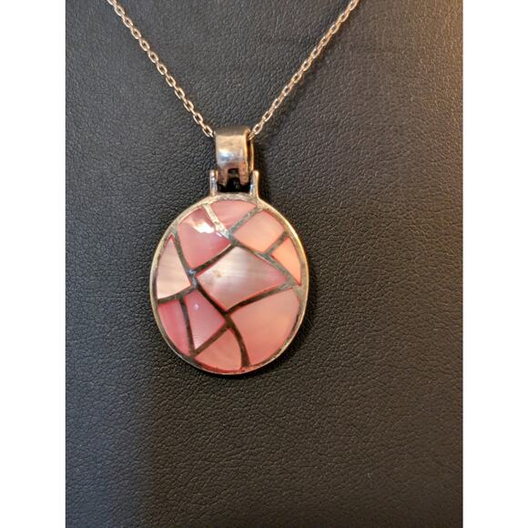 Pink Inlay Mother of Pearl Sterling Silver Necklace Signed M - Picture 3 of 9